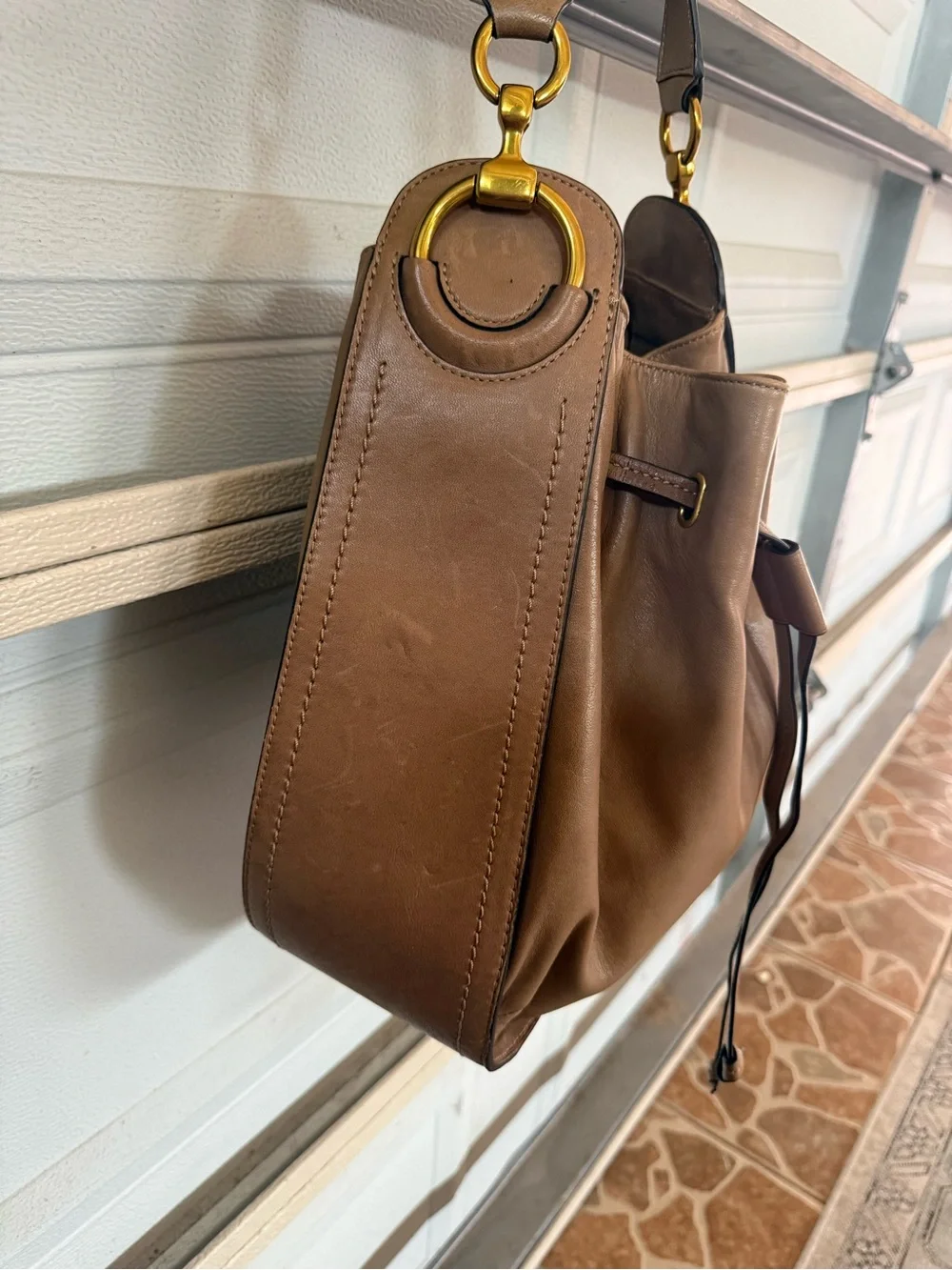 Frye Brown Leather Drawstring Hobo Bag